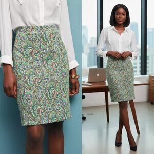 Maeve Anthropologie Green Paisley Print Straight Pencil Skirt Small Academia